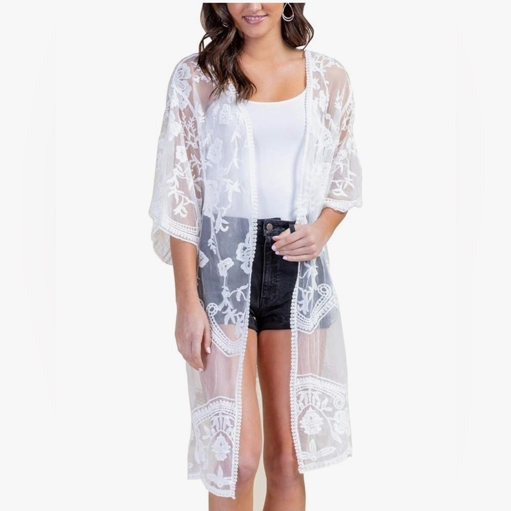 White Lace Sheer Embroidered Boho Tie Front Kimono Size Medium